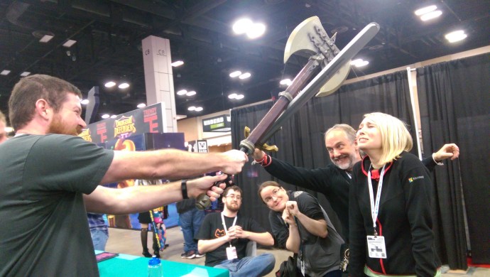 Richard Garriott of "Ultima" fame depicted saving Anna Lergaard from Jason Fox's axe blade.