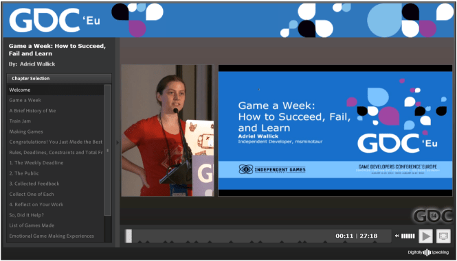 Adriel Wallick at GDC Europe delivering her session "Game a Week: How to Succeed, Fail and Learn"