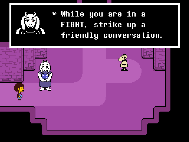 It’s not really a spoiler warning, but I’m going to discuss how interactions work in Undertale so if you haven’t played it yet and wouldn’t want to hear anything about it, don’t read this, and avoid most of the internet.